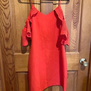 Bright coral dress with off the shoulder lace detail. Size medium.